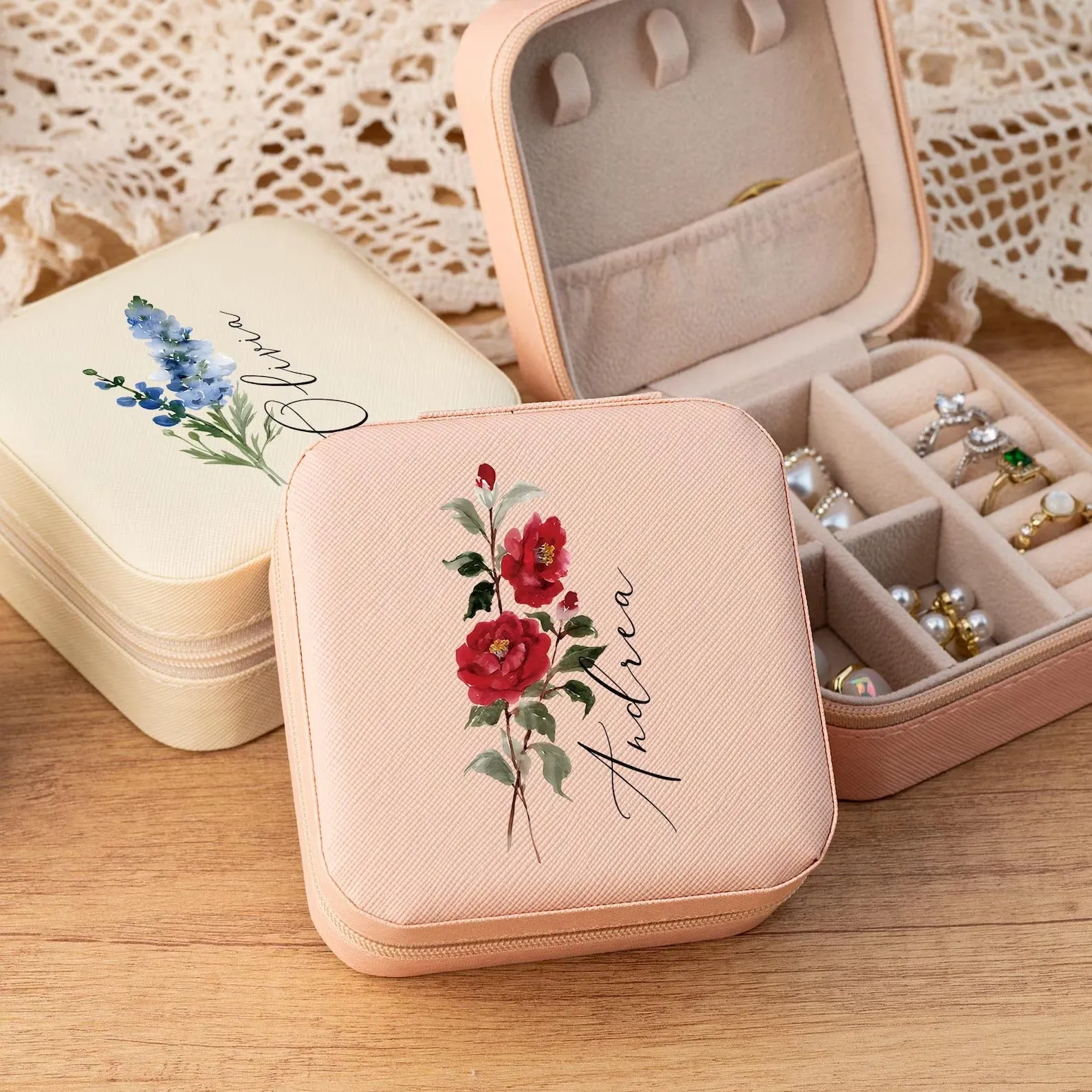 Premium Customised Jewellery Box - Mini Travel Jewellery Box - Birthday Flower Print + Name (Random Box) - Buy Online at Alikart