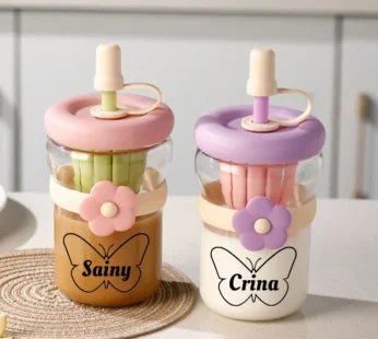 Customized Glass Sipper Bottle – Custom Name with Butterfly Design (Random Color-Pack of 1)
