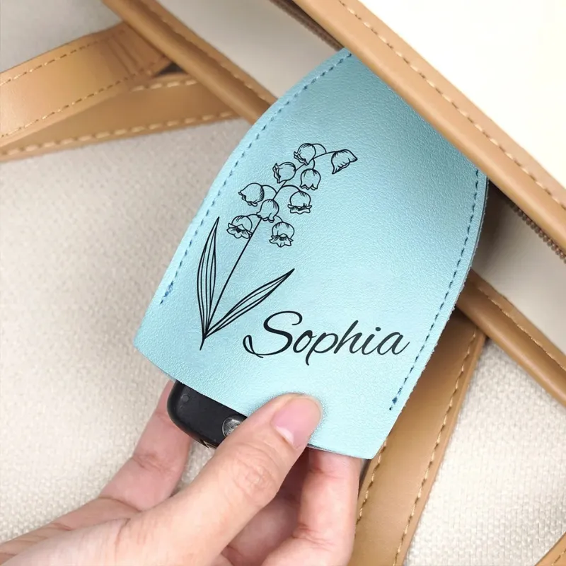 Customized Name Leather Key Cover with Flower Design – Personalized Key Protector (Random flower print with your name-Pack of 1) - Detailed Feature View 1