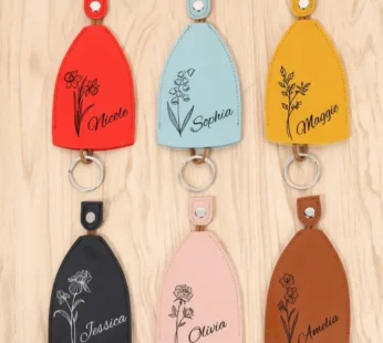 Customized Name Leather Key Cover with Flower Design – Personalized Key Protector (Random flower print with your name-Pack of 1)