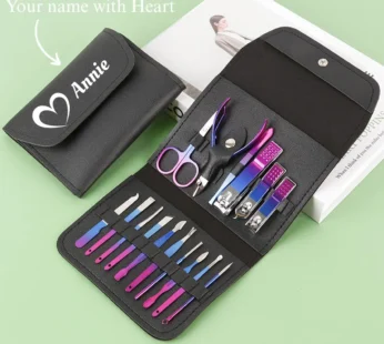 Customized Rainbow Manicure & Pedicure Set – 16-Pcs Stainless Steel Nail Care Kit with Your Name & Heart in case