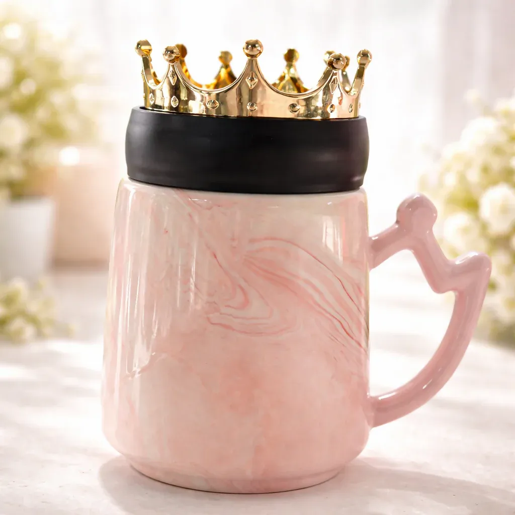 Queen Crown Ceramic Mug with Lid | Luxury Coffee & Tea Mug | Pink - Detailed Feature View 1