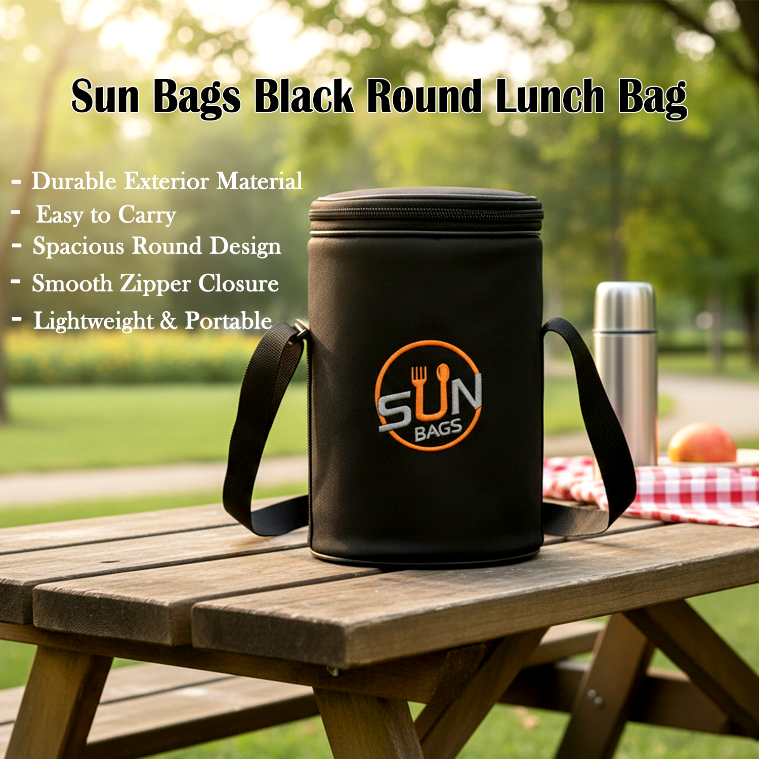 Sun Bags Round Tiffin Bag | Premium Lunch Bag with Shoulder Strap | Durable Fabric | Compact Food Carrier for Office, School & Travel (Black) - Detailed Feature View 3