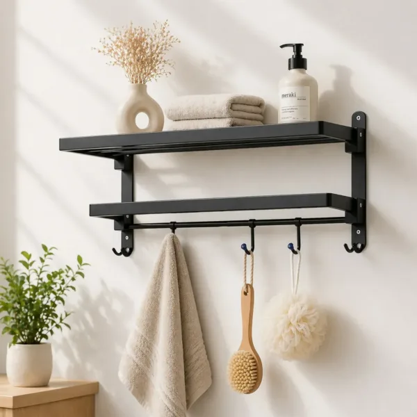 Wall Mounted Stainless Steel Bathroom Towel Rack with Shelf & Hanging Rod