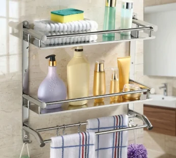 Wall Mounted Double Layer Bathroom Shelf with Towel Rod & Hooks Storage Rack Organizer