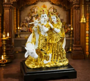 Radha Krishna with Cow Idol White and Golden Finish Statue for Home Temple Decor