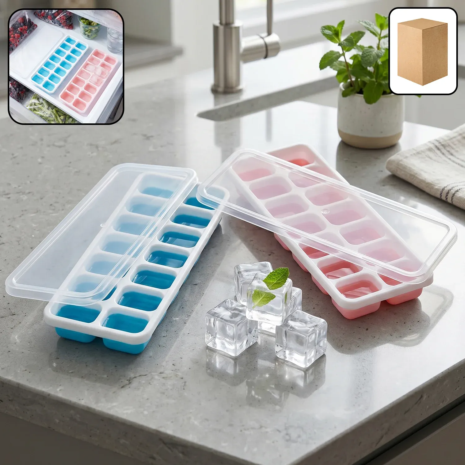 Premium Multipurpose Plastic Ice Cube Tray With Lid (Pack of 2, 14 Grid Each) - Buy Online at Alikart