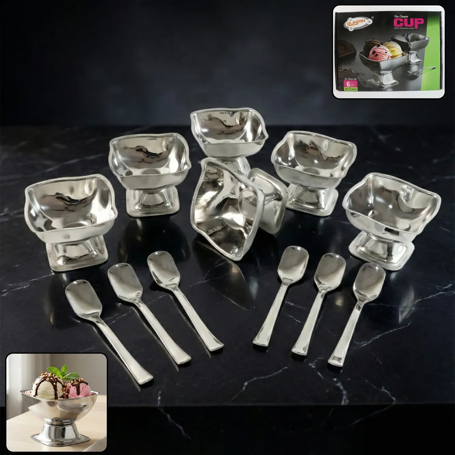 Premium Premium Stainless Steel Ice Cream Cup With 6 Spoon Set (6 Pc Set) - Buy Online at Alikart