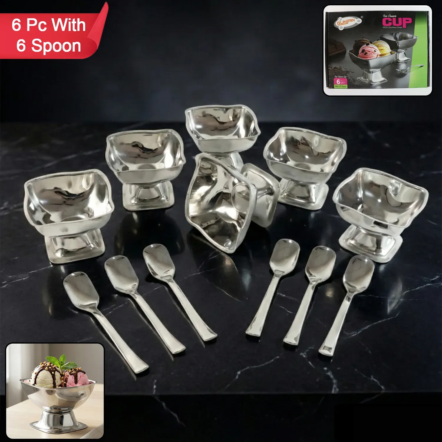 Premium Stainless Steel Ice Cream Cup With 6 Spoon Set (6 Pc Set) - Detailed Feature View 1