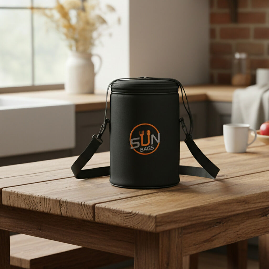 Premium Sun Bags Round Tiffin Bag | Premium Lunch Bag with Shoulder Strap | Durable Fabric | Compact Food Carrier for Office, School & Travel (Black) - Buy Online at Alikart