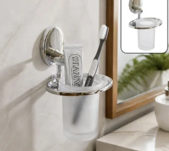 Stainless Steel Wall Mounted Toothbrush Holder with Frosted Glass Tumbler Bathroom Organizer