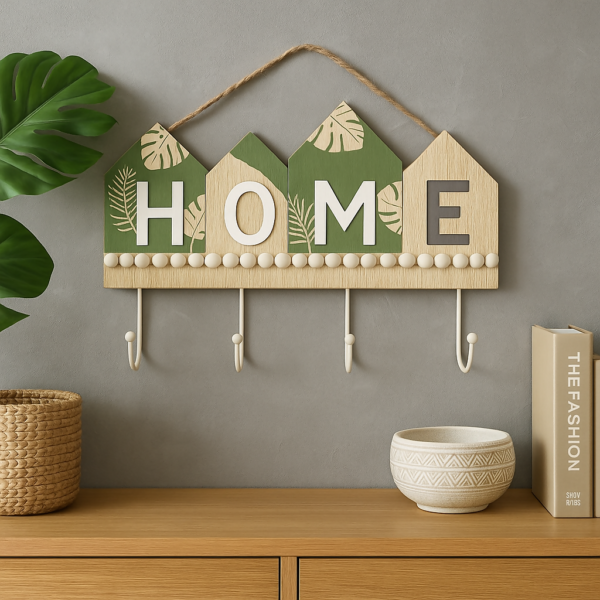 Wooden HOME Key Holder with 4 Hooks – Rustic Entryway Decor
