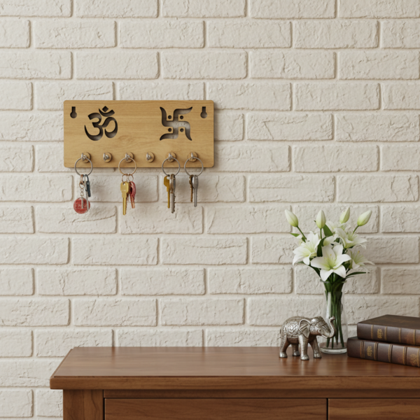 Wooden Key Holder for Wall – ॐ Om & Swastik MDF Key Organizer | Spiritual Wall Key Stand for Home Décor