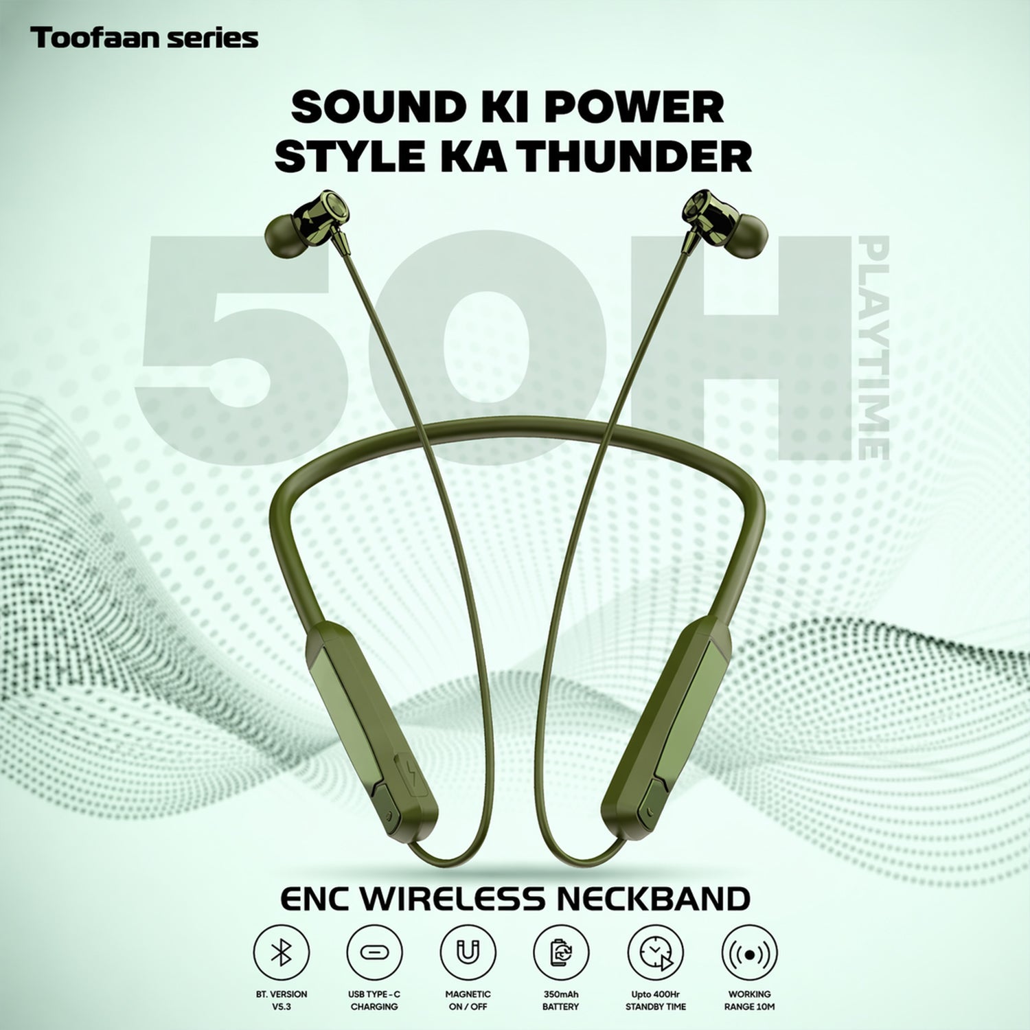 Toofaan Series Wireless Stereo Bass Neckband Earphones, Neck band (1 Pc) - Detailed Feature View 2
