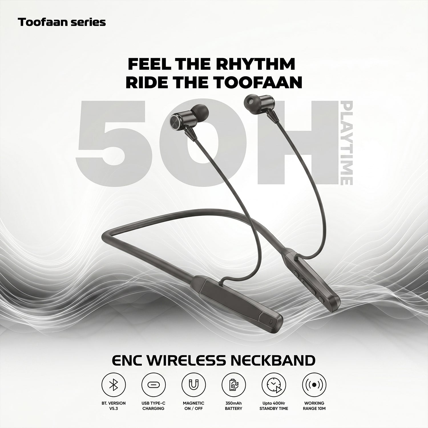 Toofaan Series Wireless Stereo Bass Neckband Earphones, Neck band (1 Pc) - Detailed Feature View 5