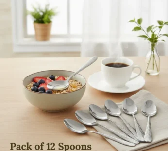 Stainless Steel Spoons with Decorative Textured Handles – Multipurpose Durable Flatware (Pack of 12)