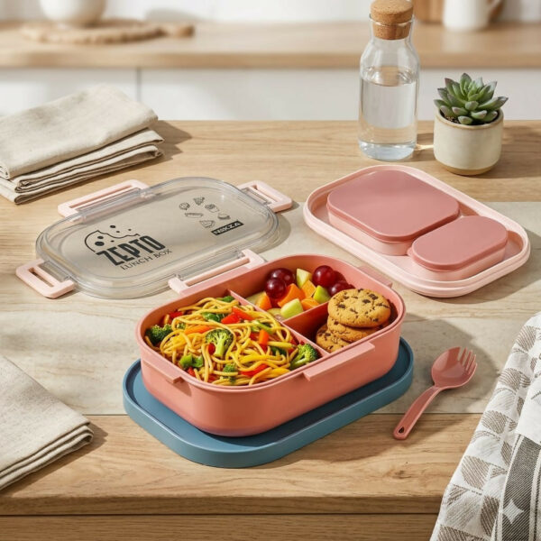 ZEPTO Premium 3-Compartment Bento Lunch Box with Leak-Proof Containers & Spoon