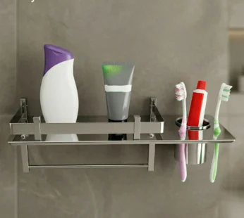 Premium Stainless Steel Wall Mounted Bathroom Shelf with Towel Rod & Toothbrush Holder