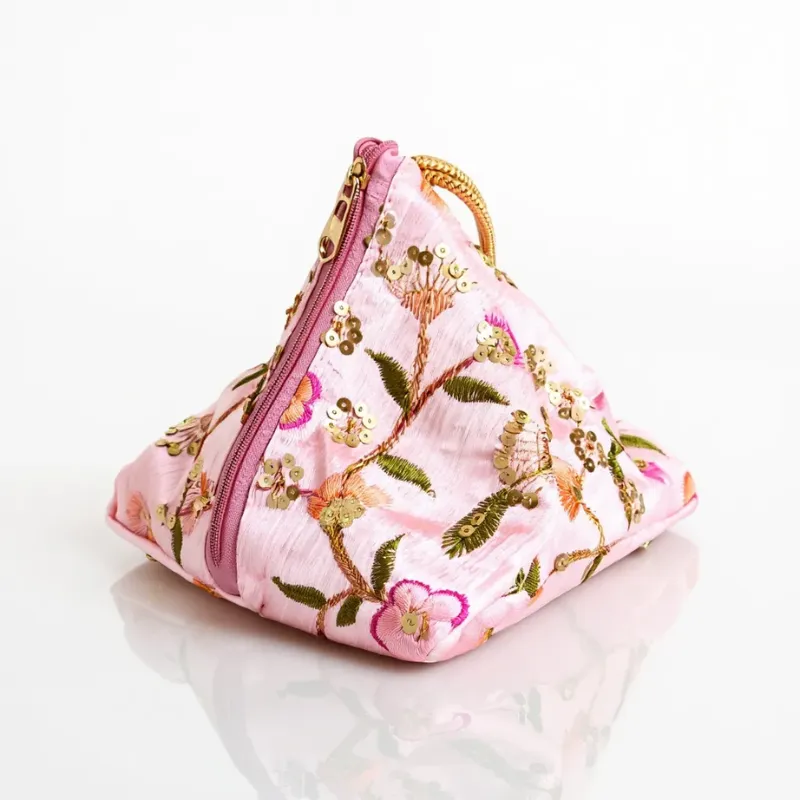 Samosa Triangle Shape Potli Bag Purse with Zipper for Women – Retro Silk Hand-Carry Ethnic Pouch for Parties & Festive Occasions(Random color-Pack of 1) - Detailed Feature View 3
