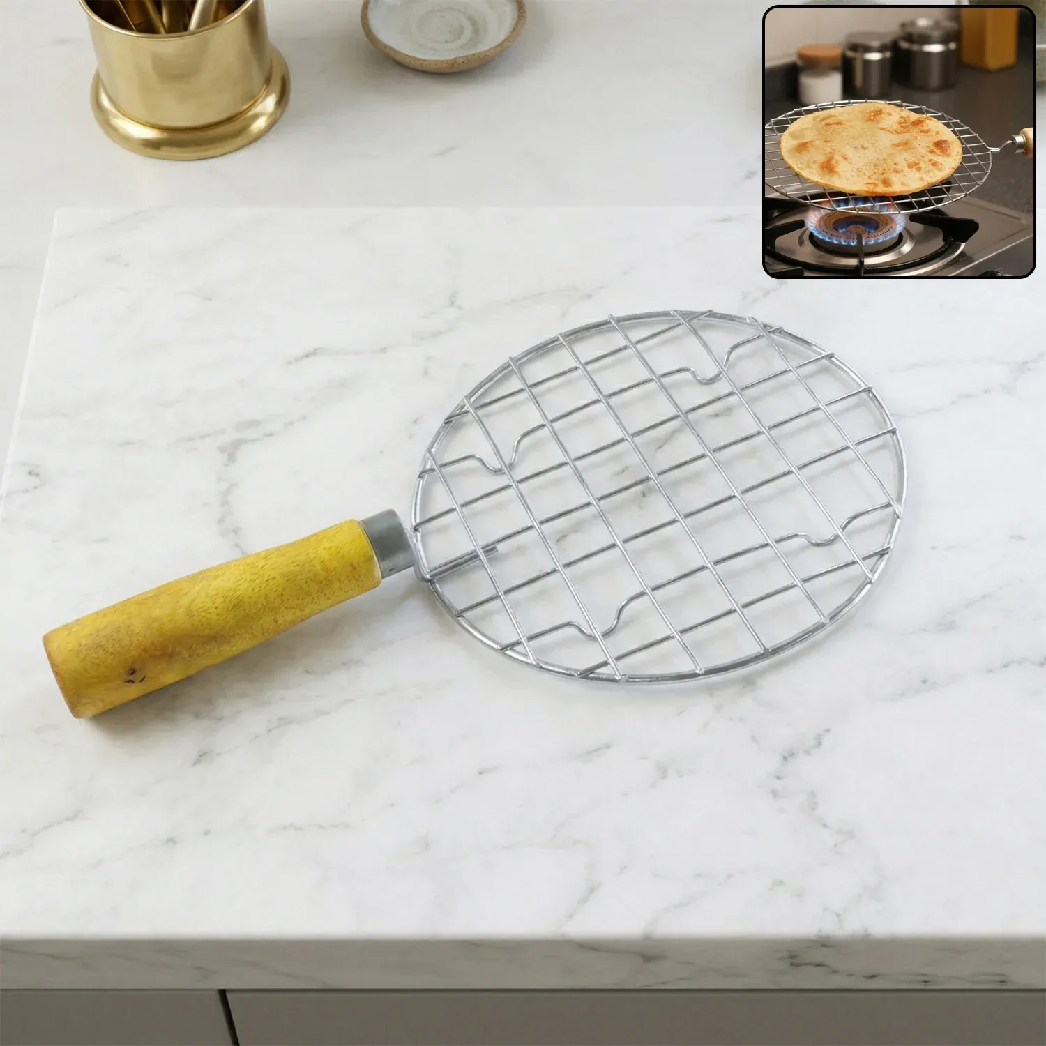 Premium Kitchen Round Stainless Steel Roaster Papad Jali, Barbecue Grill with Wooden Handle - Buy Online at Alikart