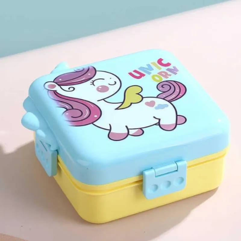 Unicorn Square Kids Lunch Box | Stainless Steel Inner with Plastic Outer | Cute School Tiffin (Random Color- Pack of 1) - Detailed Feature View 3