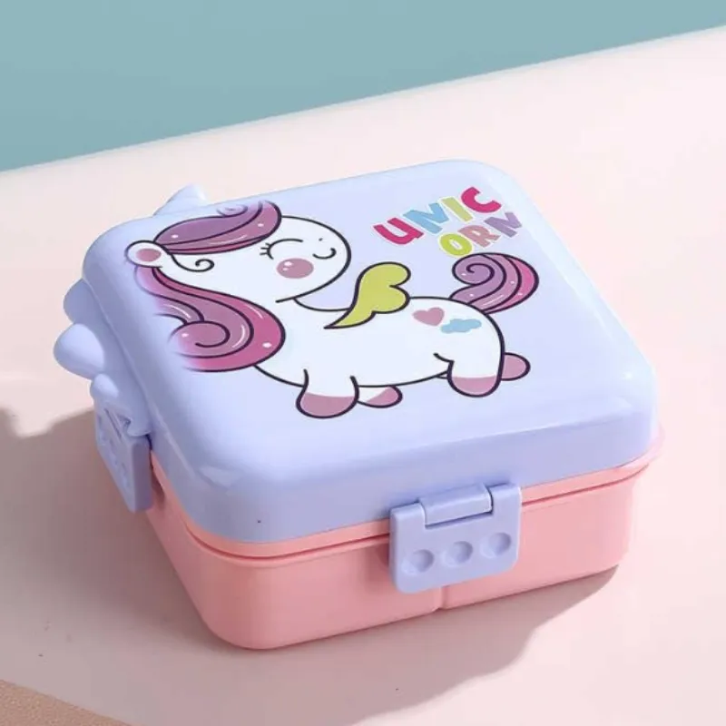Unicorn Square Kids Lunch Box | Stainless Steel Inner with Plastic Outer | Cute School Tiffin (Random Color- Pack of 1) - Detailed Feature View 1