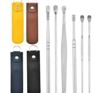 6 Pcs Stainless Steel Ear Cleaning Tools with Leather Cover – Reusable Earwax Removal Kit for Safe & Hygienic Ear Care (Random Colour)