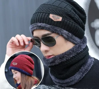 Winter Beanie Cap & Scarf Set – Warm Knit Fur-Lined Hat & Thick Scarf for Men & Women (Random color-Pack of 1)