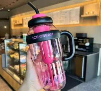 Large Capacity Ice Cream Water Bottle with Straw – Reusable Plastic Sports & Travel Bottle (Random color-Pack of 1)