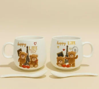 Teddy Bear Couple Ceramic Mug Set with Spoons – Gift for Couples