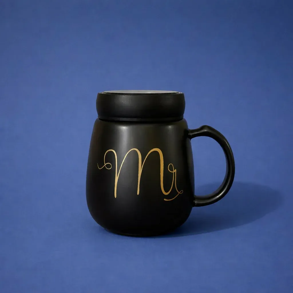 Mr Printed Ceramic Coffee Mug with Lid, Stylish Tea Cup - Detailed Feature View 2