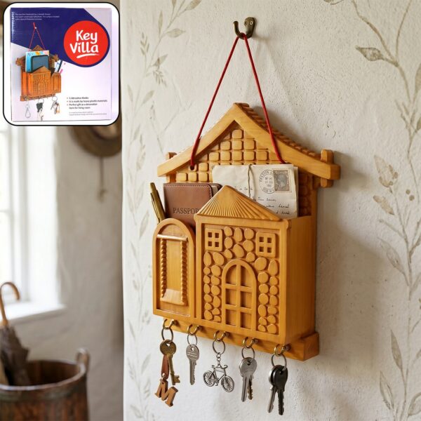 Key Holder with Key Villa – Wooden Organizer with Hooks & Storage for Keys & Small Accessories