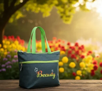 Stylish Denim Shopping Bag with Green Handles – “Beauty” Tote