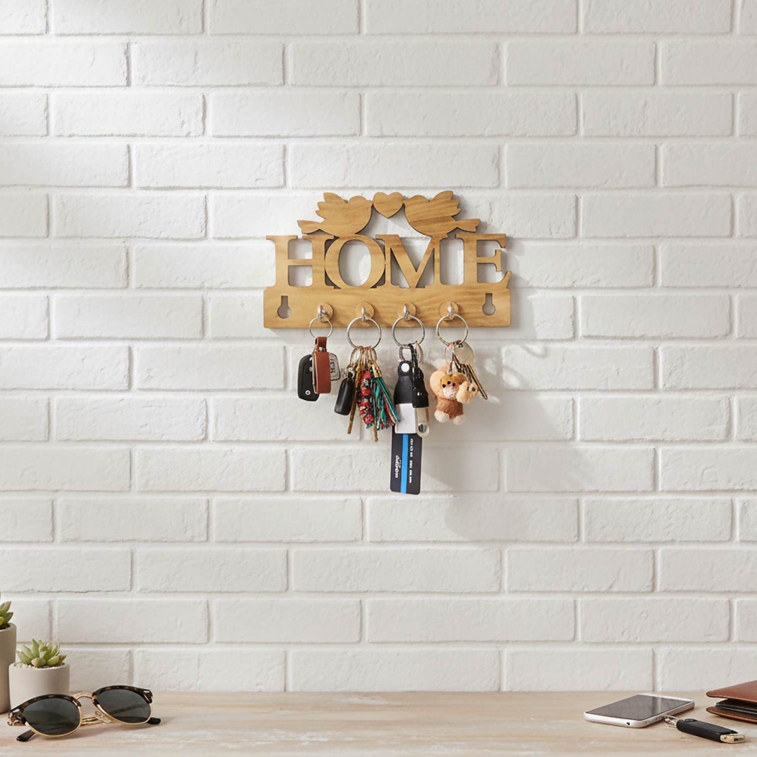 Premium Wooden Key Holder for Wall “HOME” with Birds – Decorative MDF Wall Key Organizer | Home Décor Key Stand - Buy Online at Alikart