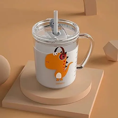 400ml Cute Glass Cup with Straw – Random Design Transparent Drinking Glass for Coffee, Juice, Milk & Cold Drinks - Detailed Feature View 2