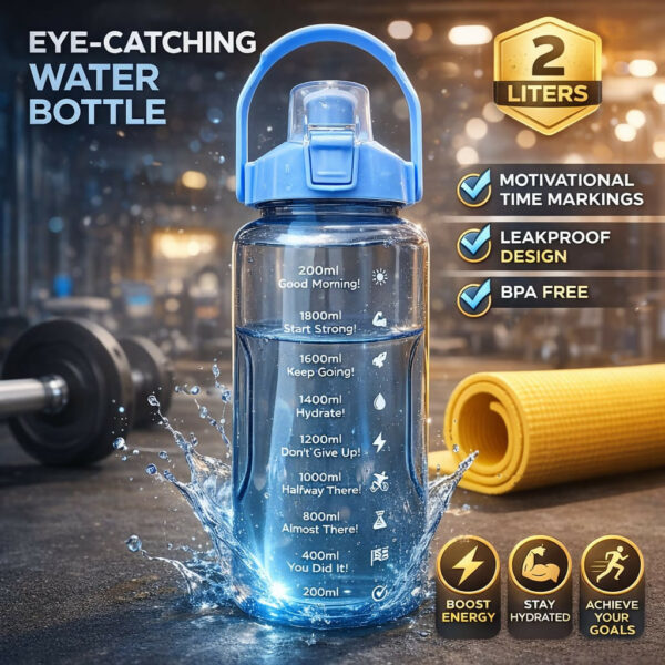 2-Litre Motivational Water Bottle with Time Marker & Straw | 2000ml Large Capacity BPA-Free Sports Bottle | Leak-Proof Gym Bottle for Fitness, Workout