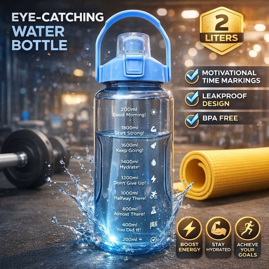 Premium 2-Litre Motivational Water Bottle with Time Marker & Straw | 2000ml Large Capacity BPA-Free Sports Bottle | Leak-Proof Gym Bottle for Fitness, Workout & Outdoor Activities - Buy Online at Alikart