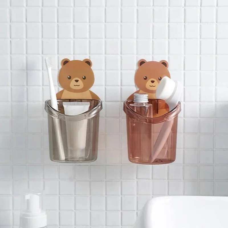 Cartoon Bear Self-Adhesive Toothbrush Holder – Wall Mounted Bathroom Organizer for Kids & Family (Random color-Pack of 1) - Detailed Feature View 1