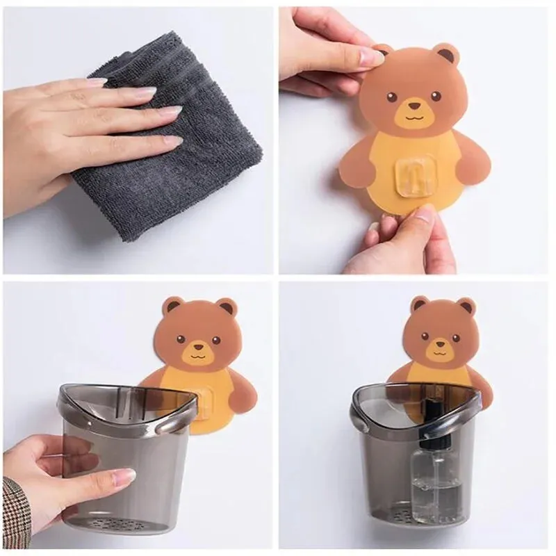 Cartoon Bear Self-Adhesive Toothbrush Holder – Wall Mounted Bathroom Organizer for Kids & Family (Random color-Pack of 1) - Detailed Feature View 2