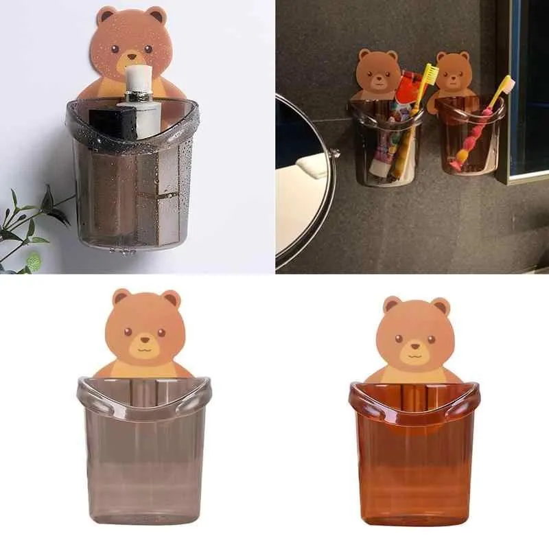 Cartoon Bear Self-Adhesive Toothbrush Holder – Wall Mounted Bathroom Organizer for Kids & Family (Random color-Pack of 1) - Detailed Feature View 3