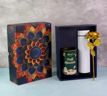 Effete Kulfi Almonds Gift Hamper, Golden Rose With Bottle (3 Pc Set), Mix Color