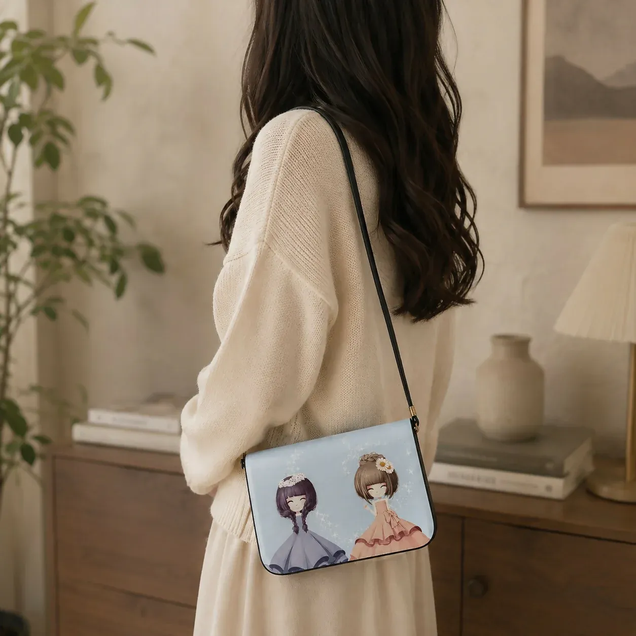 Blue Cute Princess Print Sling Bag for Girls Stylish Crossbody Purse - Detailed Feature View 1