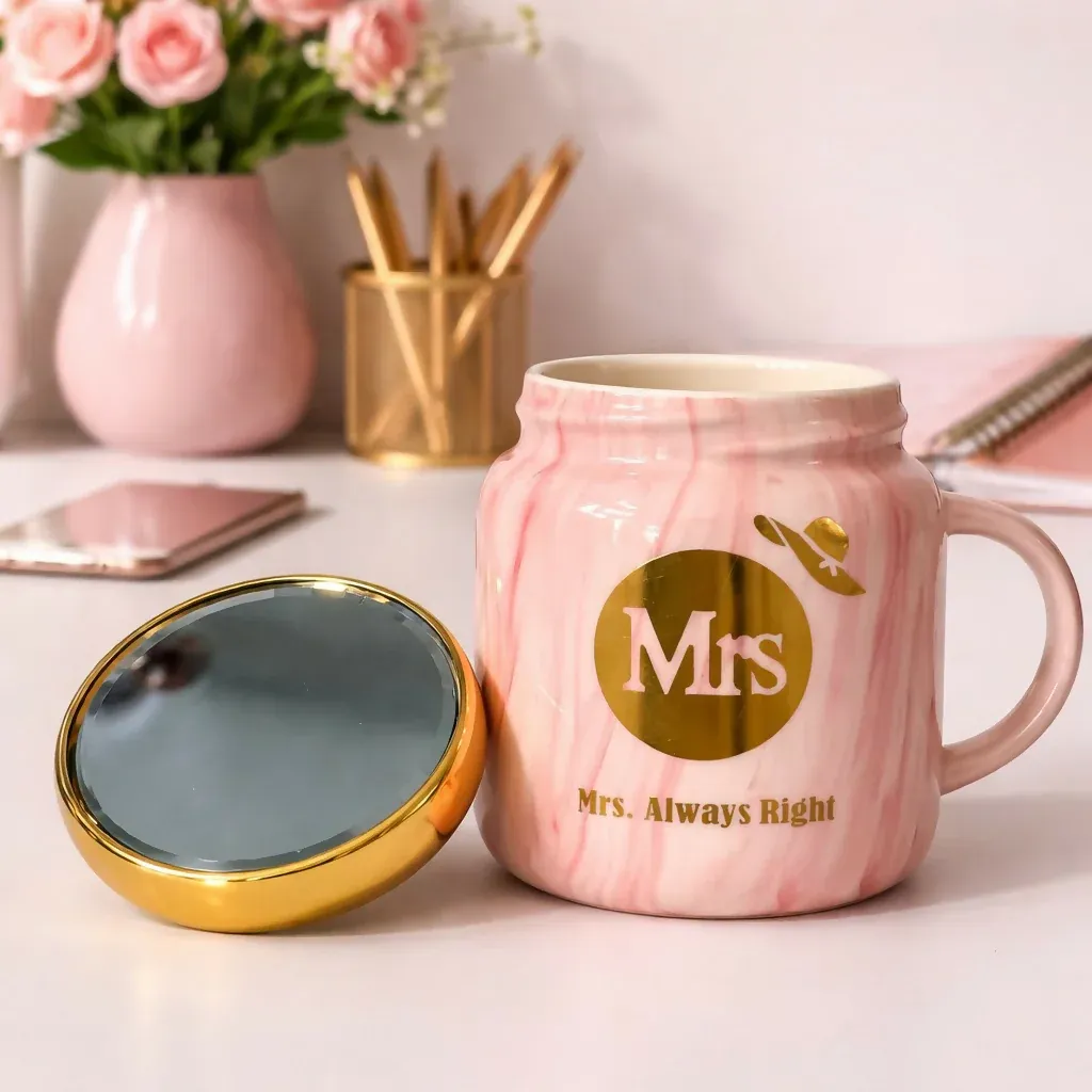 Premium Mrs Printed Ceramic Mug with Lid, Gift Coffee Cup for Women - Buy Online at Alikart