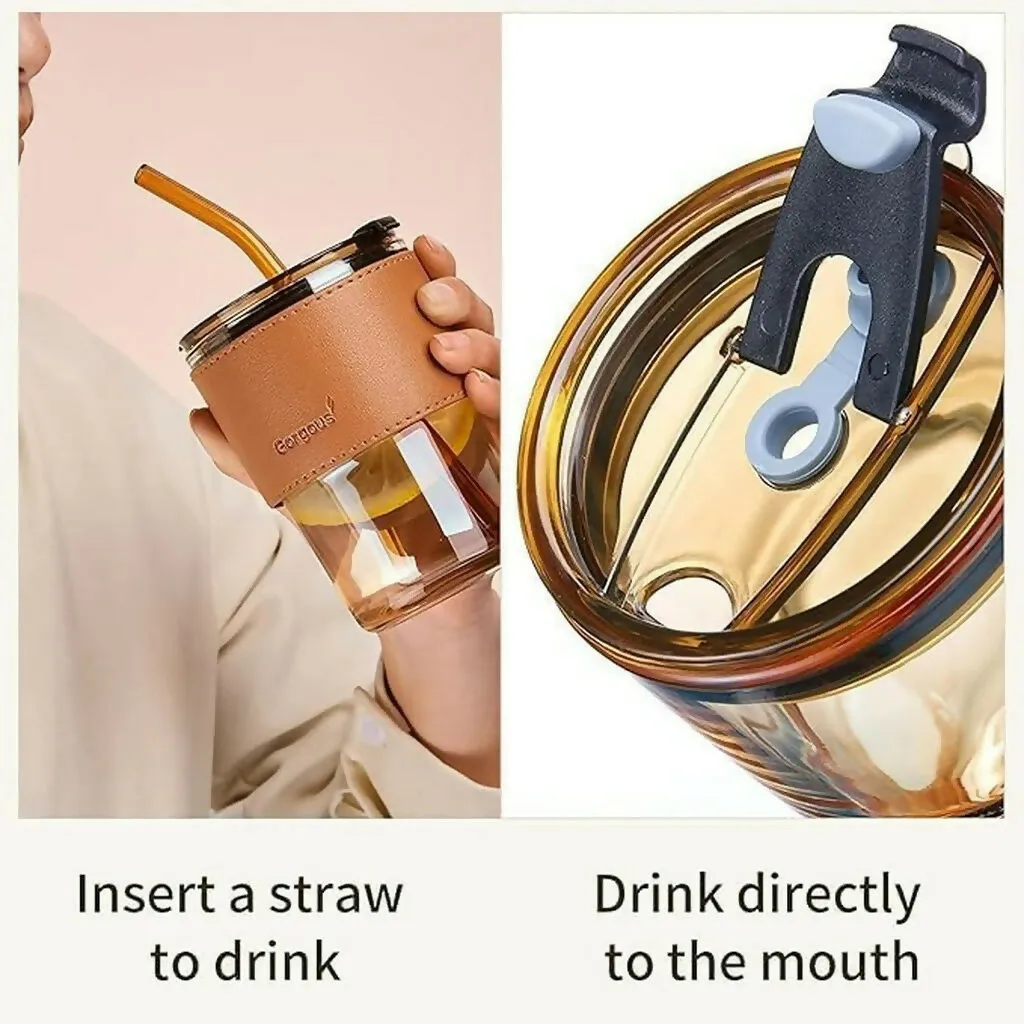 Glass Tumbler with Straw and Lid Portable Juice Coffee Cup - Detailed Feature View 2