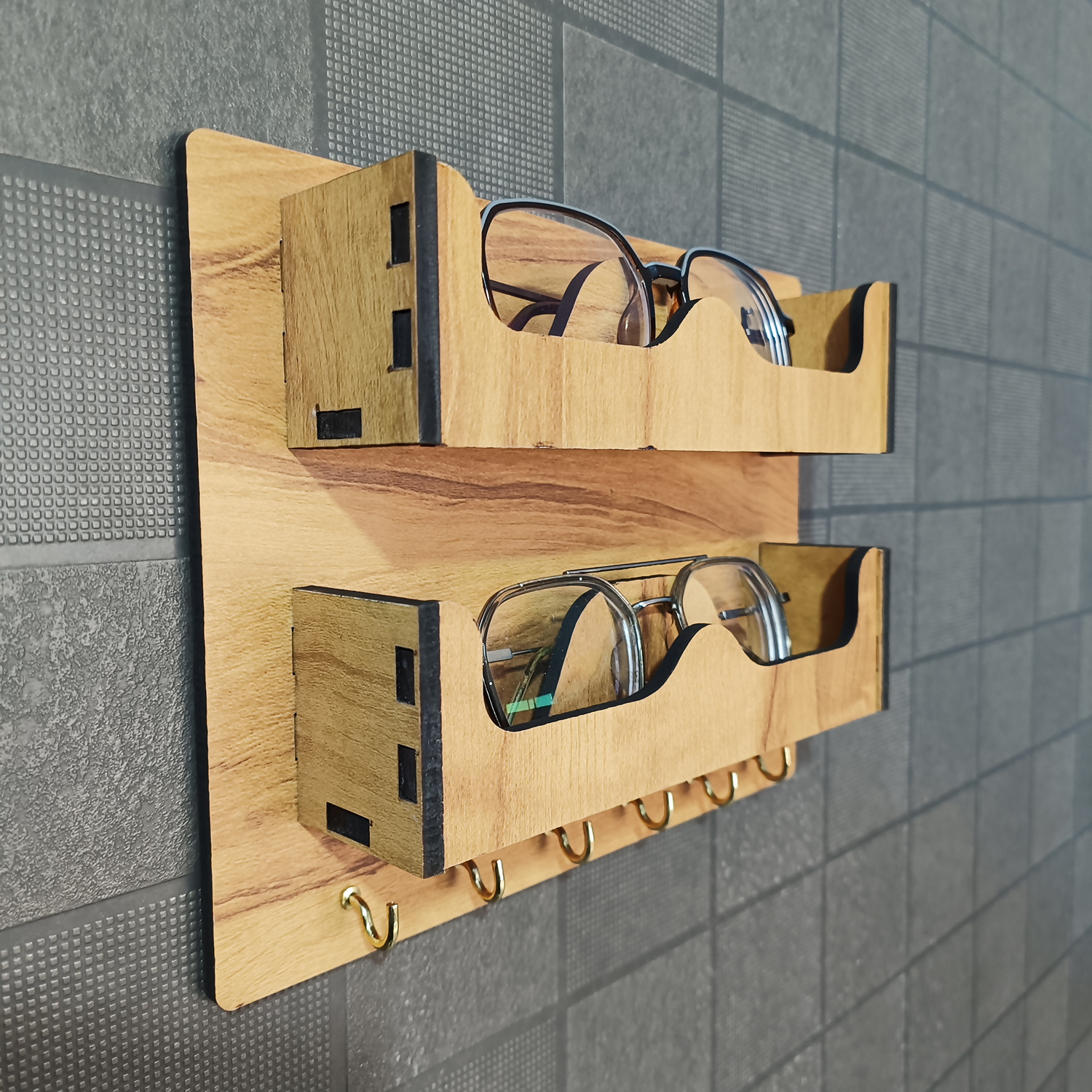 Double Layer Wooden Wall Mounted Organizer with Glasses Shelf and Key Hooks - Detailed Feature View 4