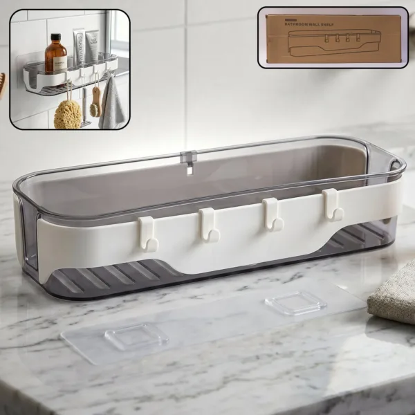 Stylish Bathroom Wall Shelf – 1 Pc, Multi-Purpose Storage Organizer with Hooks