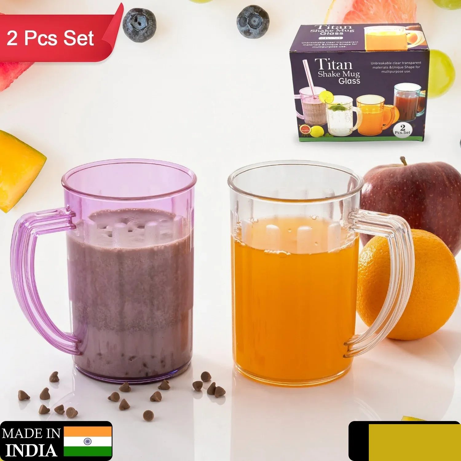 Stylish Juice Glass With Handle, Water Glass, Beer Glass, Milk Shake Glass, Multipurpose Glass Plastic Beer Mug, Unbreakable Beer Tasting Glasses, Clear Juice Glasses Suitable for Kids (2 pc) - Detailed Feature View 1