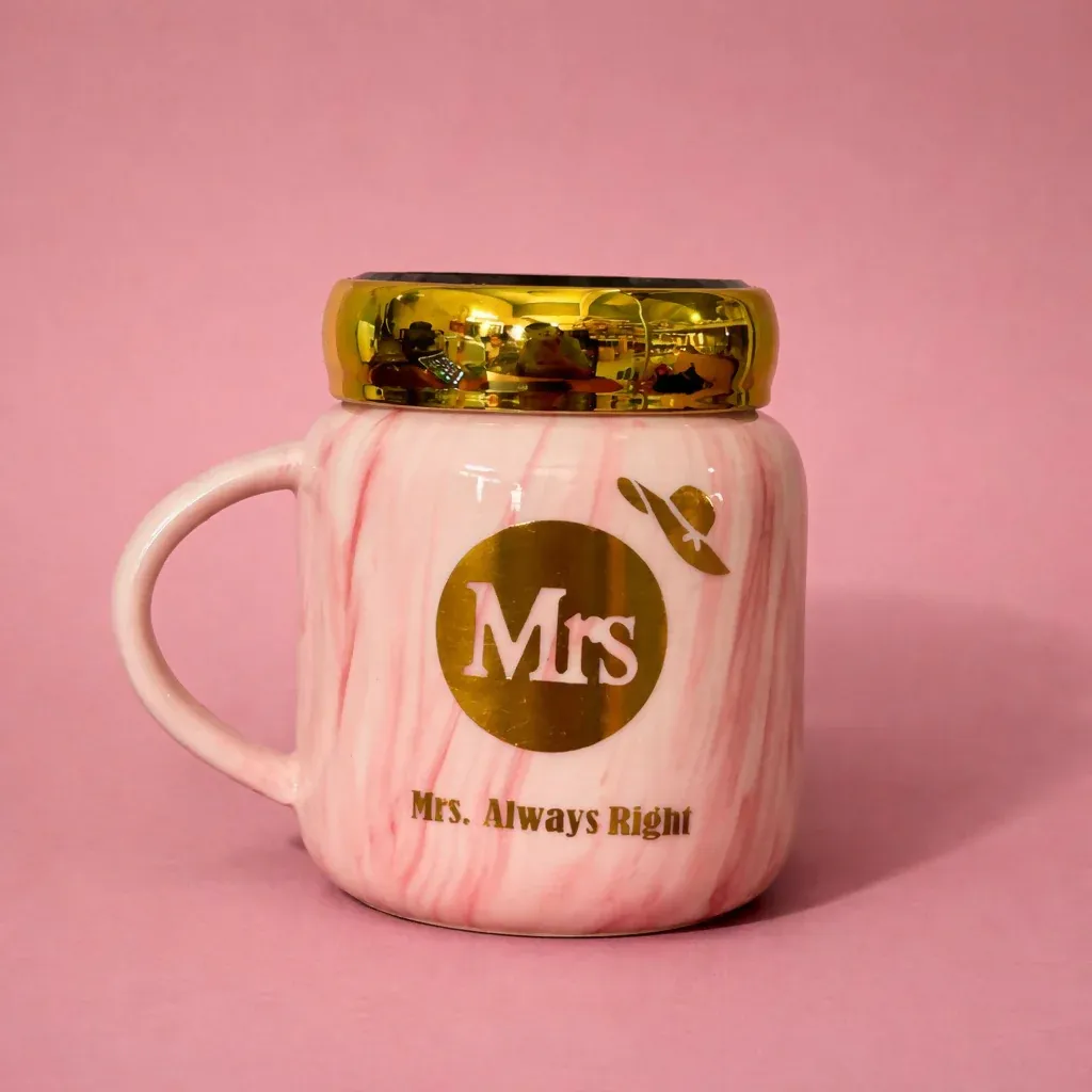 Mrs Printed Ceramic Mug with Lid, Gift Coffee Cup for Women - Detailed Feature View 2