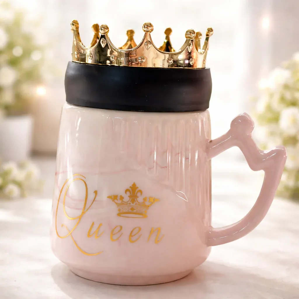 Premium Queen Crown Ceramic Mug with Lid | Luxury Coffee & Tea Mug | Pink - Buy Online at Alikart