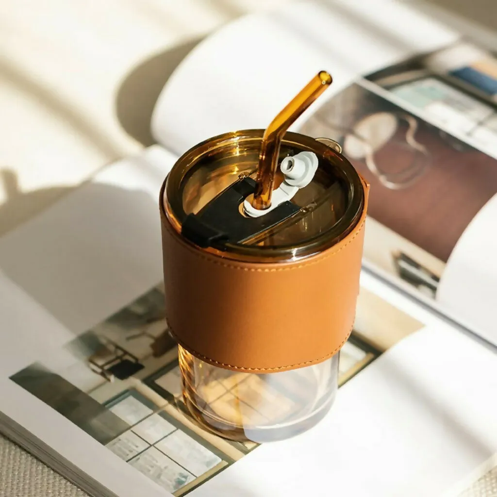 Glass Tumbler with Straw and Lid Portable Juice Coffee Cup - Detailed Feature View 1
